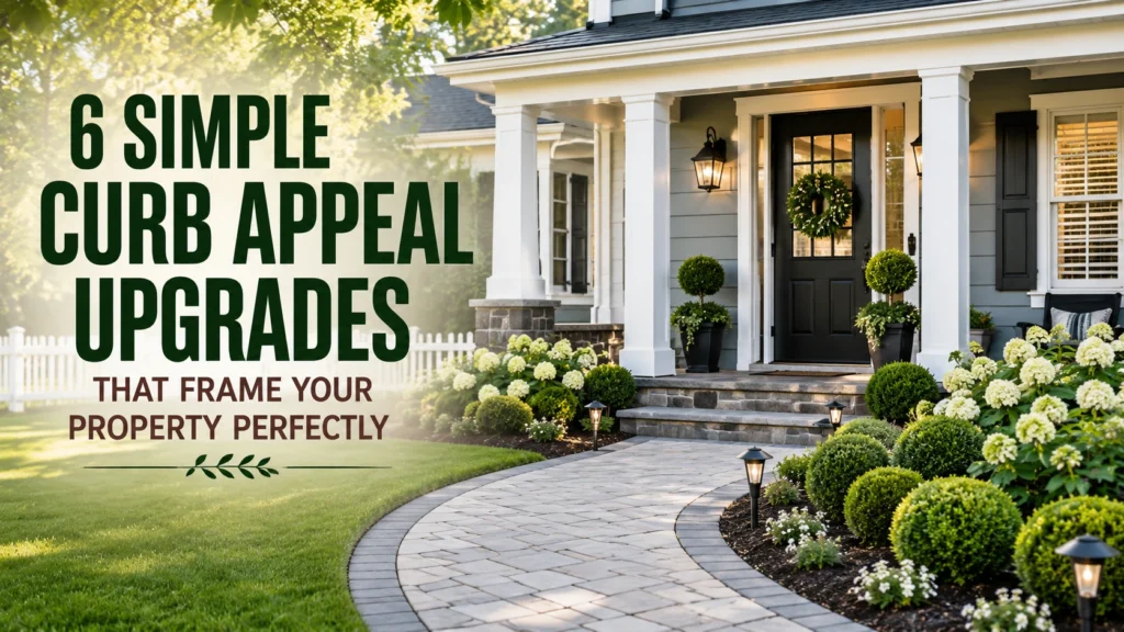 6 simple curb appeal upgrades featuring a landscaped front yard, paved walkway, planters, and welcoming front entrance