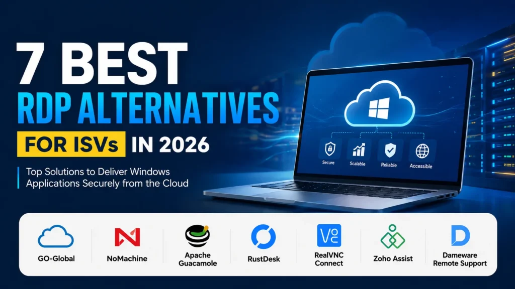 Modern feature image showing the seven best RDP alternatives for ISVs in 2026 with cloud-based Windows application publishing, secure remote desktop solutions, and scalable software delivery technology.