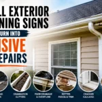 Seven exterior warning signs that can lead to expensive home repairs, including damaged shingles, flashing, gutters, fascia, caulking, and attic leaks
