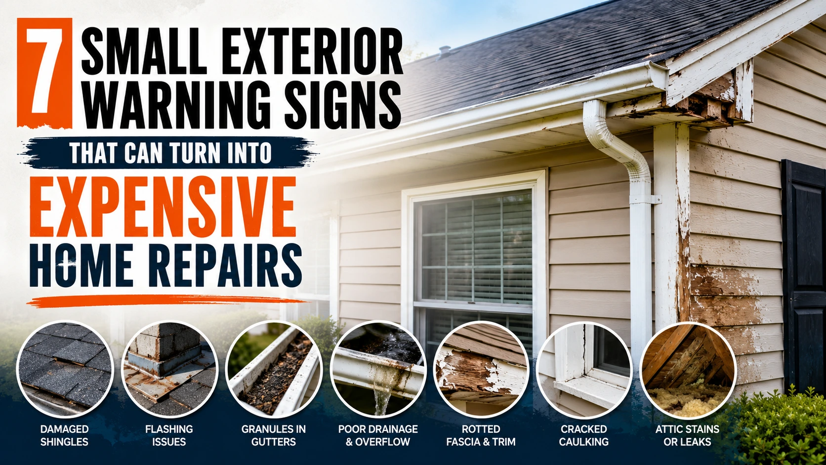 Seven exterior warning signs that can lead to expensive home repairs, including damaged shingles, flashing, gutters, fascia, caulking, and attic leaks