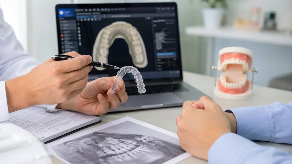 Dentist explaining clear aligner treatment using a dental scan, X-ray, and transparent aligner