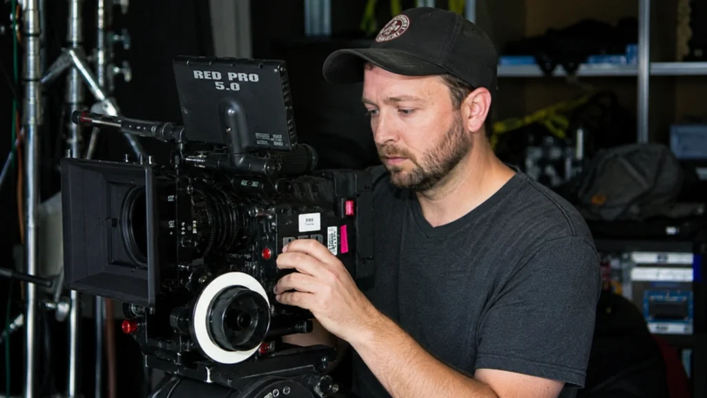 Albert Omstead working behind the scenes with a professional film camera