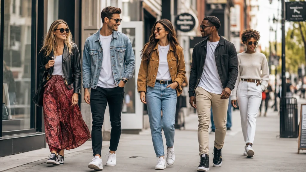 Stylish men and women wearing modern American fashion outfits while walking through a city street, showcasing American Fashion Alaikas Com style trends in 2026.