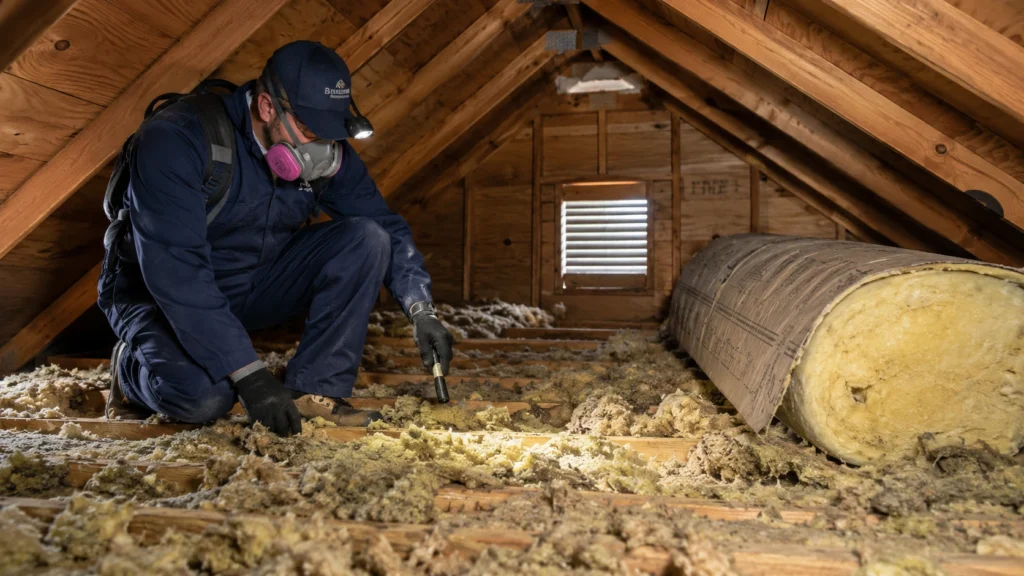 Wildlife removal professional inspecting damaged attic insulation for signs of animal nesting activity