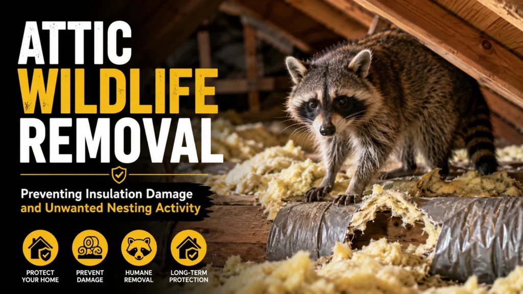 Attic wildlife removal with a raccoon near damaged insulation to prevent unwanted nesting activity