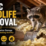 Attic wildlife removal with a raccoon near damaged insulation to prevent unwanted nesting activity