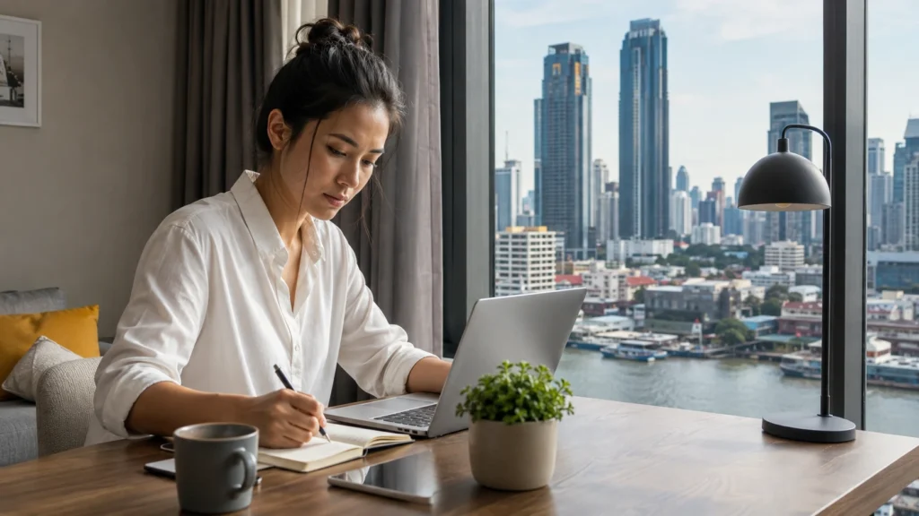 Remote professional working from a modern apartment in Bangkok with a laptop while enjoying panoramic city skyline views, representing the perfect balance of remote work and leisure in Thailand.