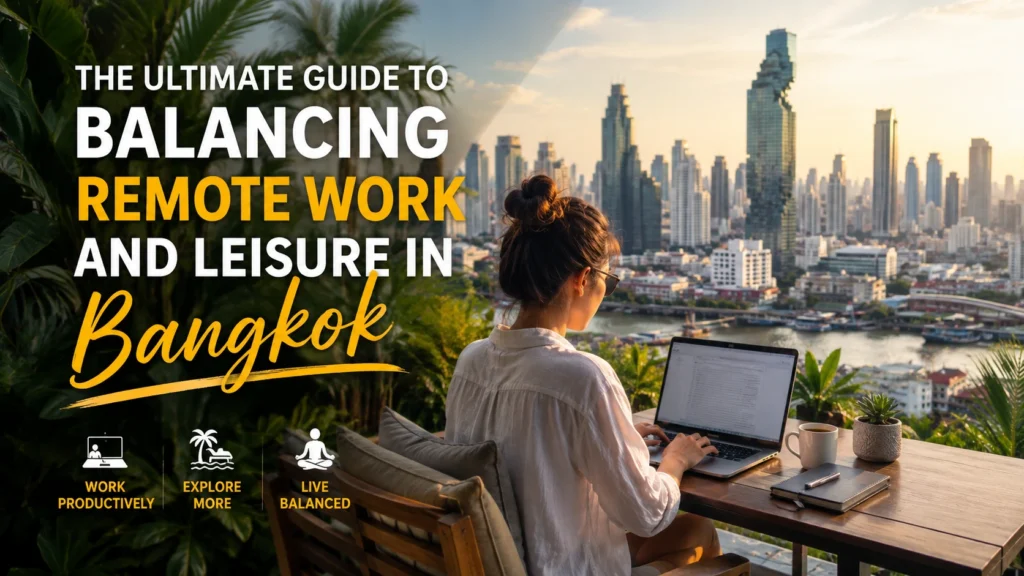 Remote worker using a laptop on a rooftop workspace overlooking the Bangkok skyline at sunset, illustrating the perfect balance between productivity, travel, and leisure in Thailand.
