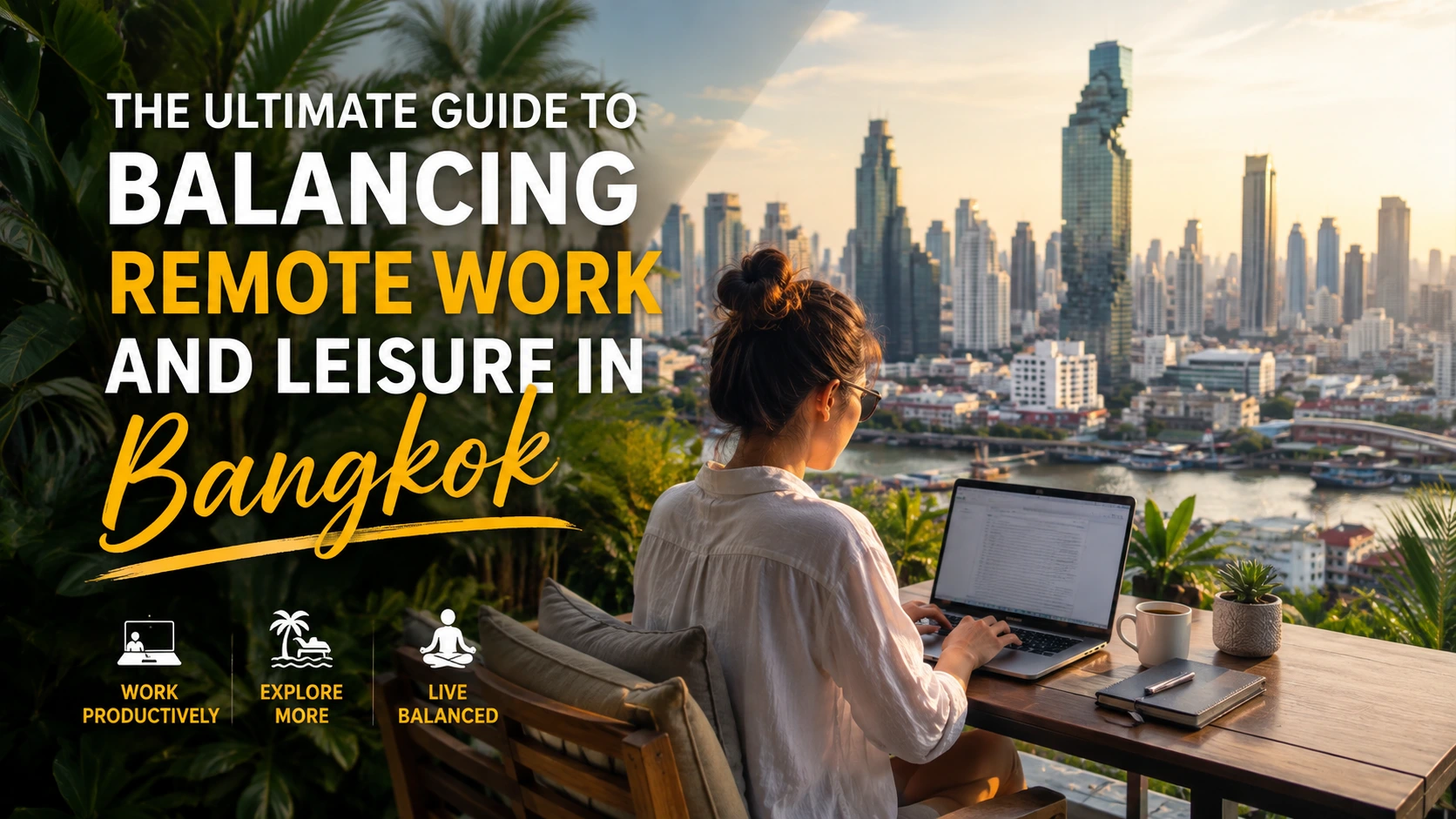 Remote worker using a laptop on a rooftop workspace overlooking the Bangkok skyline at sunset, illustrating the perfect balance between productivity, travel, and leisure in Thailand.