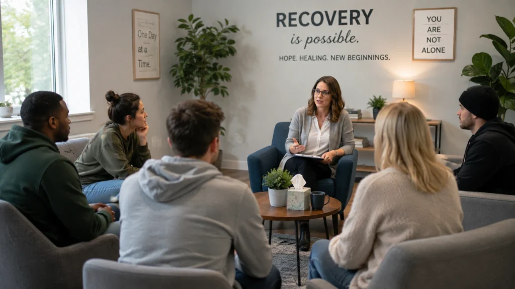 Group therapy session at a modern alcohol and drug rehabilitation center in the Northeast, highlighting addiction recovery, counseling, and mental health support in 2026.