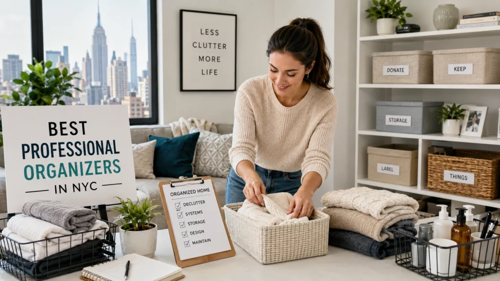 Professional organizer arranging a modern NYC apartment with labeled storage baskets and organized home supplies