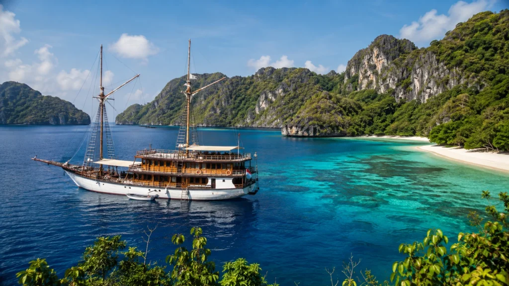 Traditional sailing yacht cruising among Indonesia's tropical islands with turquoise waters and lush limestone cliffs