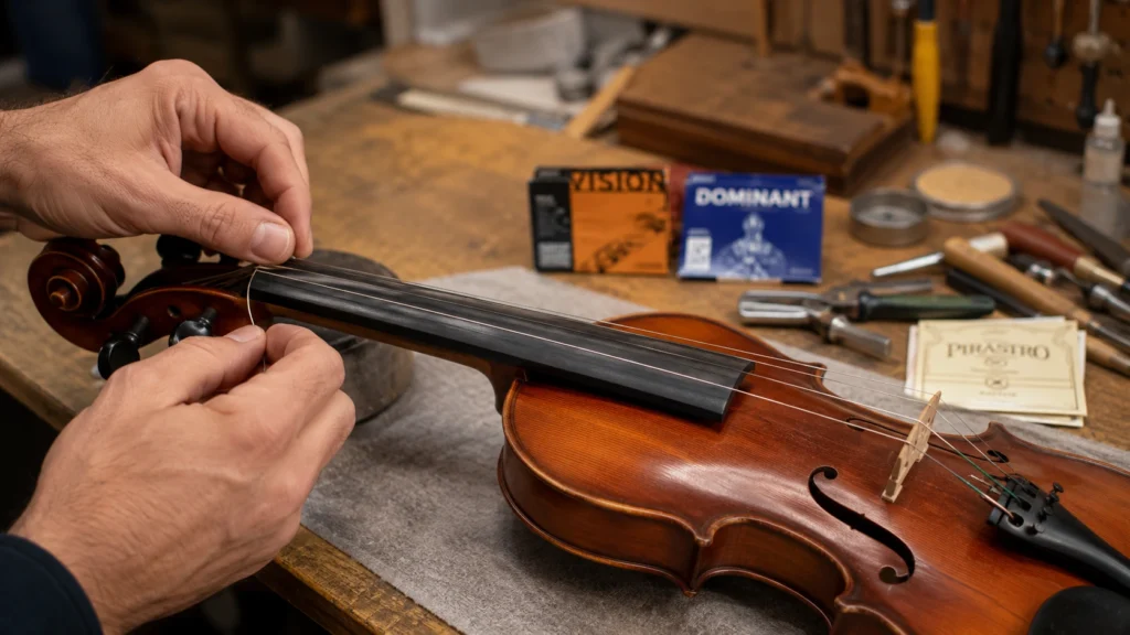 Violin strings being adjusted on a violin in a luthier workshop to improve tone and playability