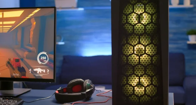 Budget gaming PC setup with a gaming monitor, headphones, and illuminated desktop computer case
