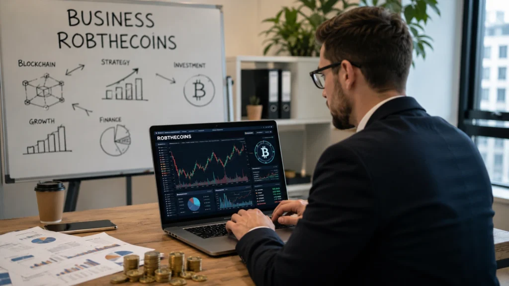 Business RobTheCoins cryptocurrency and blockchain business strategy workspace with crypto market charts