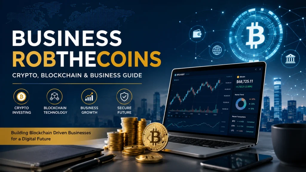 Business RobTheCoins crypto and blockchain business guide with Bitcoin, market charts, and digital finance technology