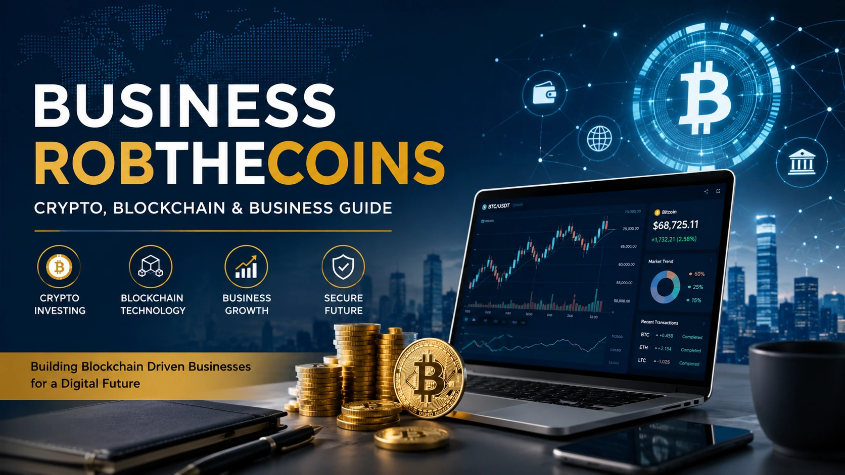 Business RobTheCoins crypto and blockchain business guide with Bitcoin, market charts, and digital finance technology