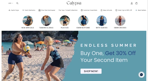 Calypsa modest swimwear collection featuring swim tops, swim dresses and full-coverage styles