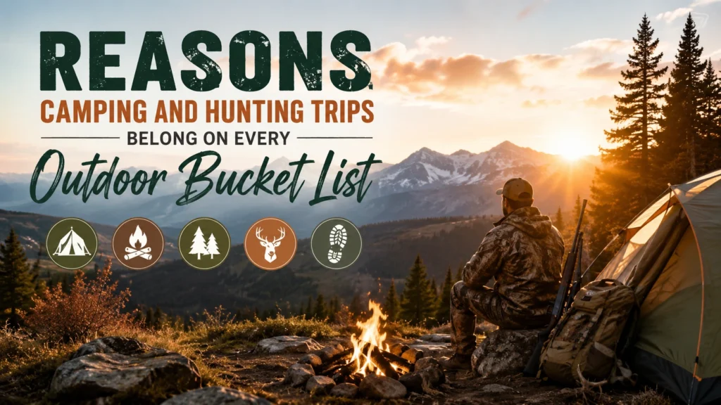 Camping and hunting trip at a scenic mountain campsite with a tent, campfire, and hunter enjoying the outdoors