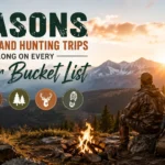 Camping and hunting trip at a scenic mountain campsite with a tent, campfire, and hunter enjoying the outdoors