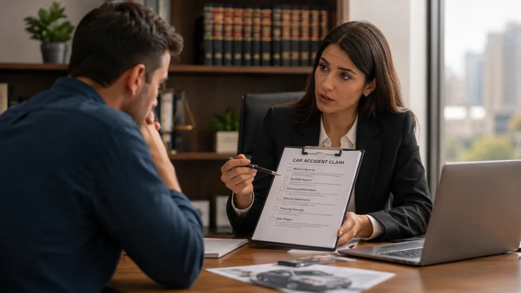 Client consulting with a car accident lawyer in Toronto about legal representation after a motor vehicle collision.