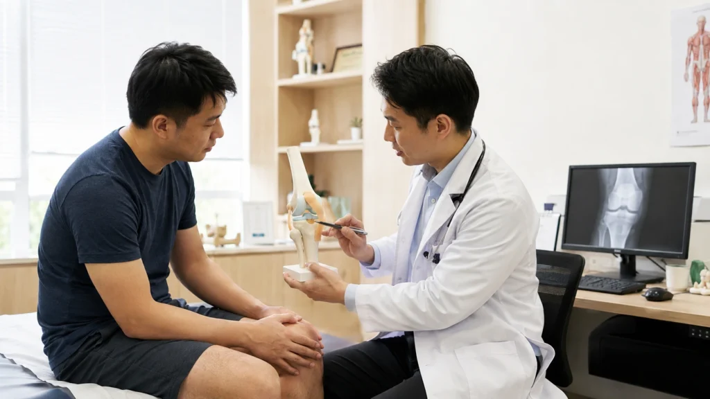 Orthopaedic doctor explaining knee treatment options to a patient during a consultation