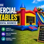 Colorful commercial inflatables for a party rental business, including bounce houses, slides, and obstacle courses