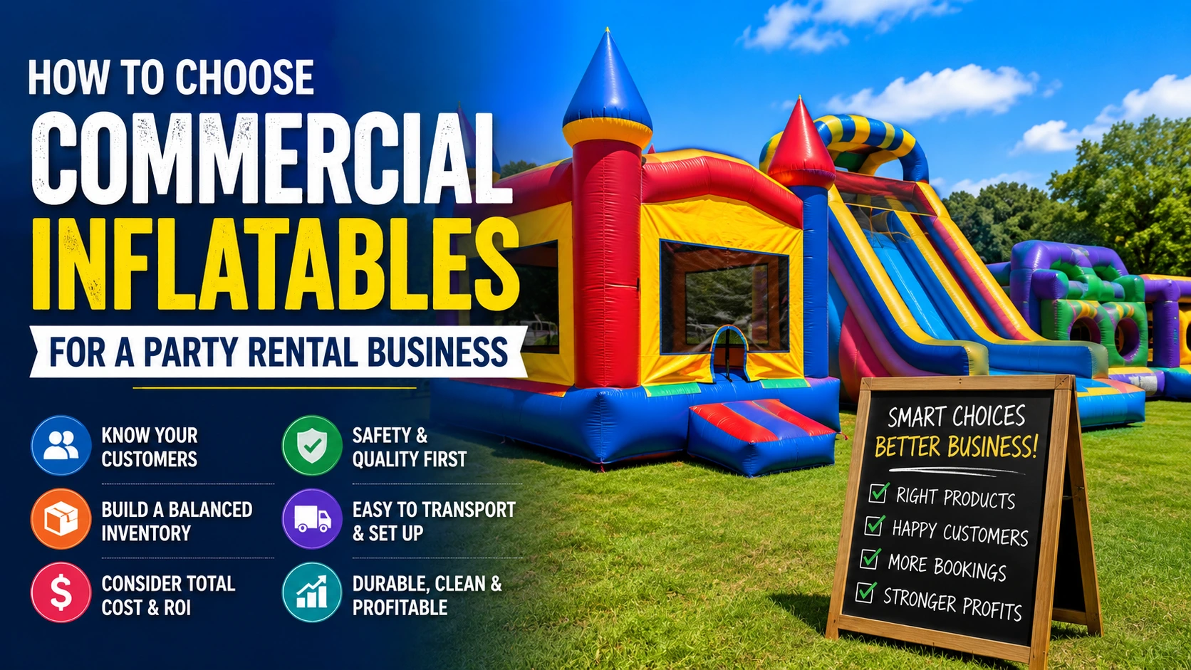 Colorful commercial inflatables for a party rental business, including bounce houses, slides, and obstacle courses
