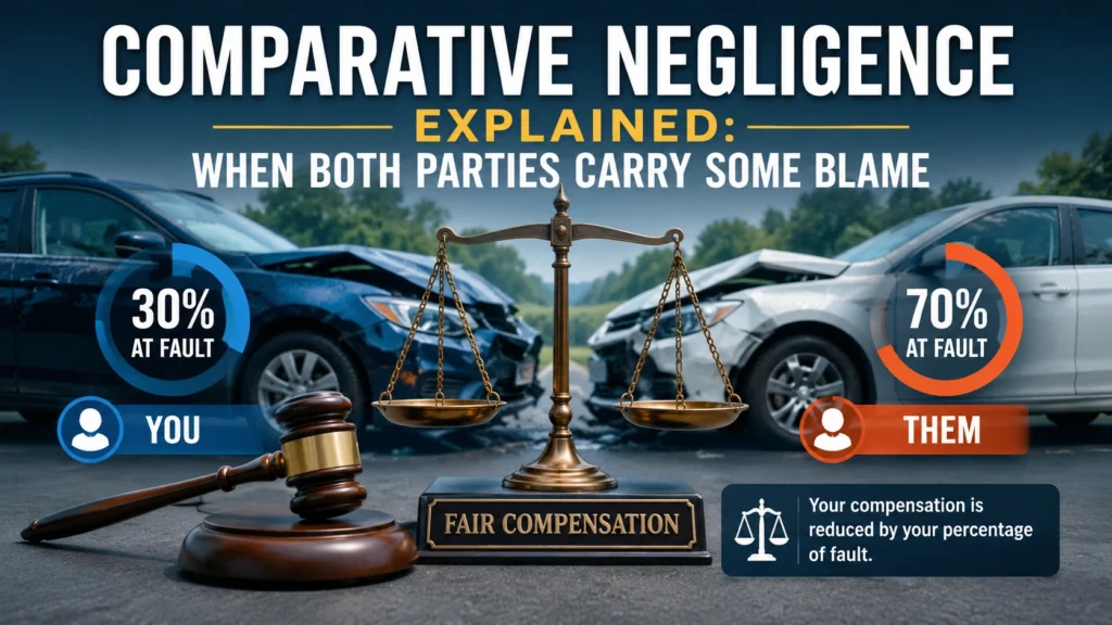 Comparative negligence explained with two vehicles showing shared fault percentages and fair compensation