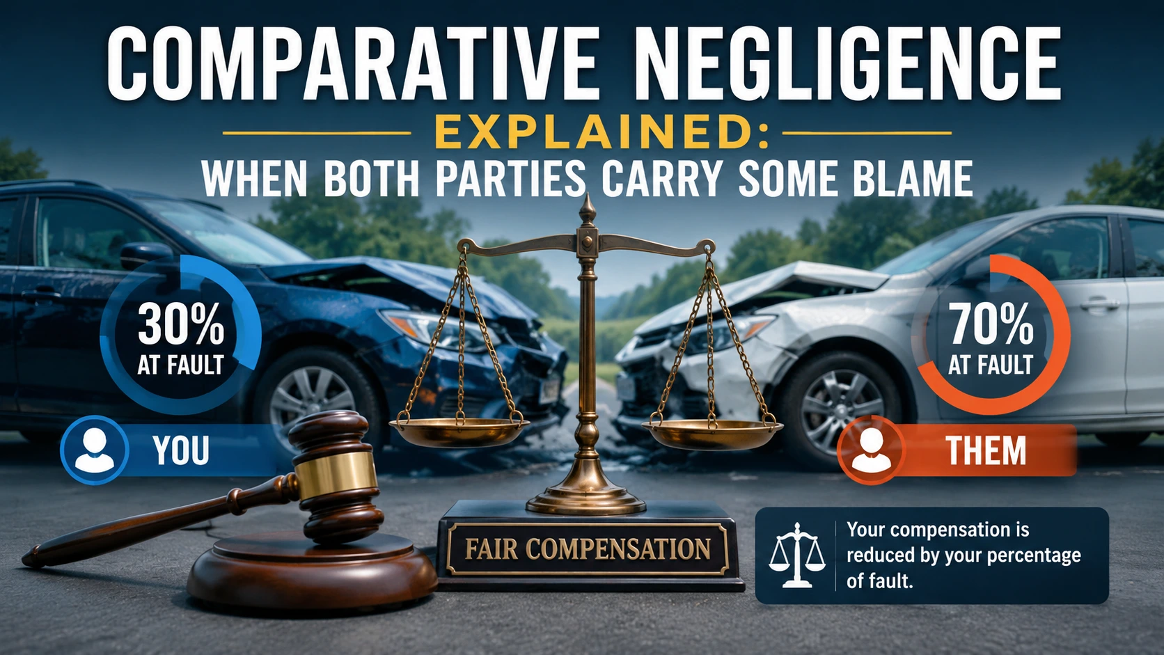 Comparative negligence explained with two vehicles showing shared fault percentages and fair compensation