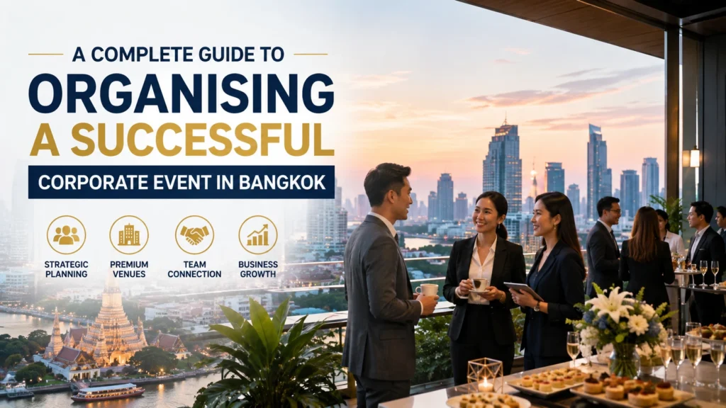 Business professionals networking at a rooftop corporate event in Bangkok with the city skyline, luxury venue, and modern conference atmosphere.