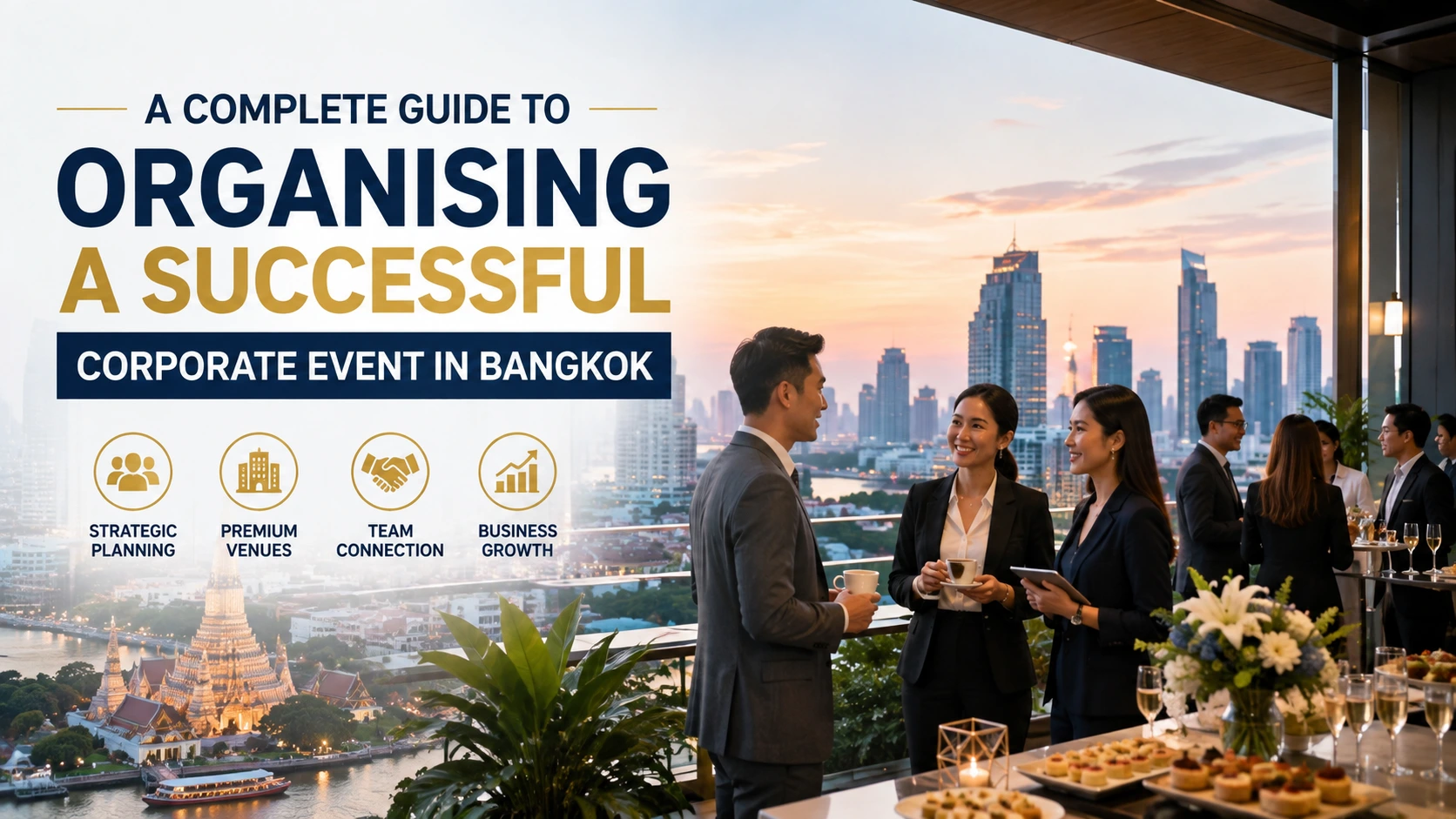 Business professionals networking at a rooftop corporate event in Bangkok with the city skyline, luxury venue, and modern conference atmosphere.