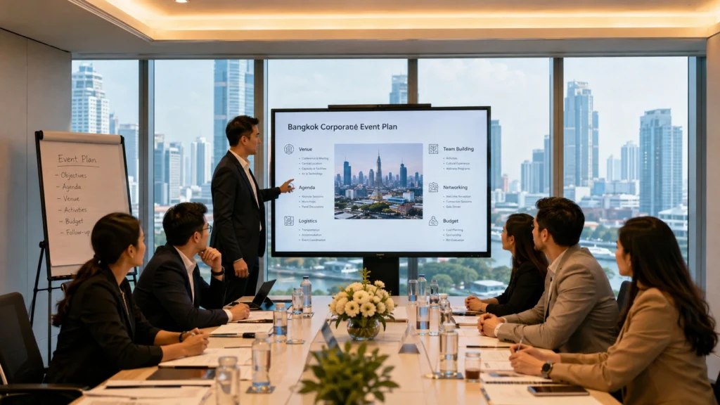 Business professionals planning a successful corporate event in a modern Bangkok meeting room with presentation screen, conference table, and city skyline view.