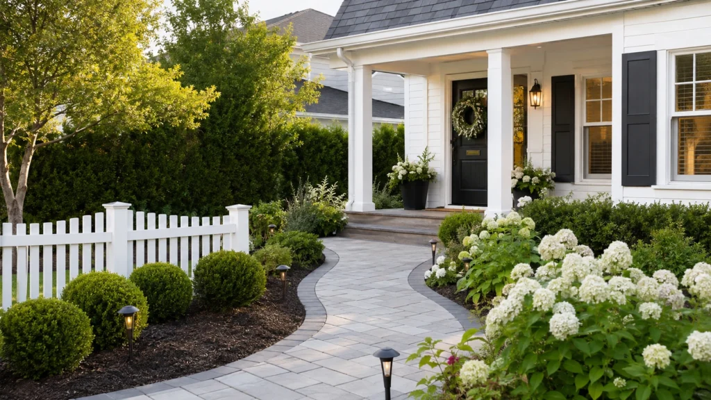 Realistic suburban home with landscaped front yard, defined garden borders, paved walkway, planters, and outdoor lighting