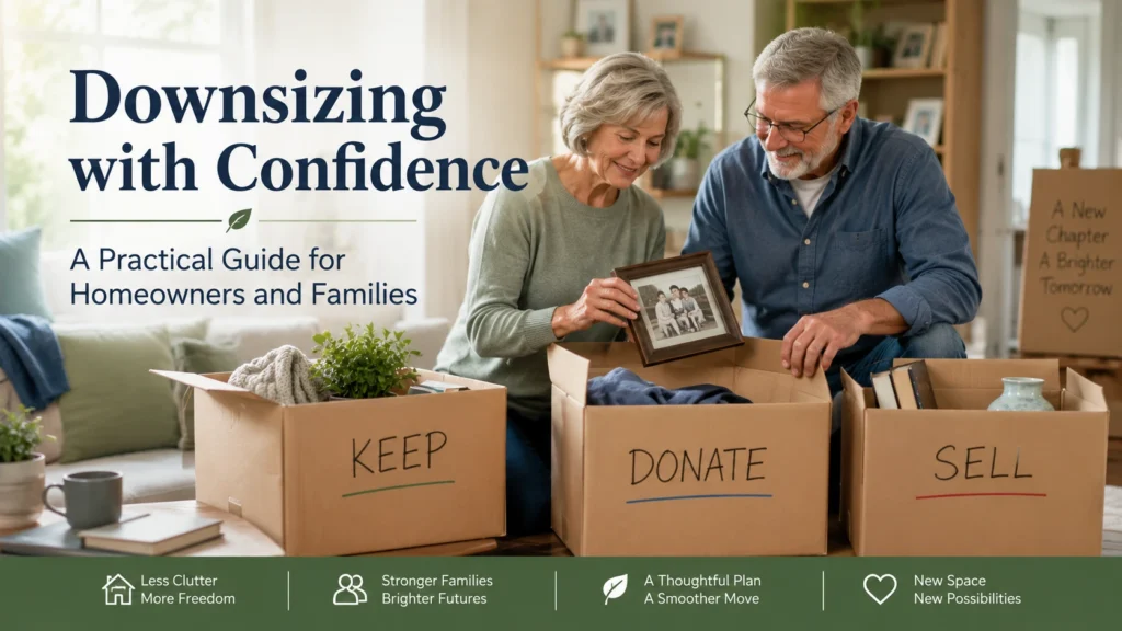 Feature image showing a senior couple happily downsizing their home by sorting cherished belongings into keep, donate, and sell boxes, representing a thoughtful transition to a smaller home.