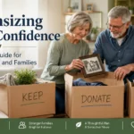 Feature image showing a senior couple happily downsizing their home by sorting cherished belongings into keep, donate, and sell boxes, representing a thoughtful transition to a smaller home.