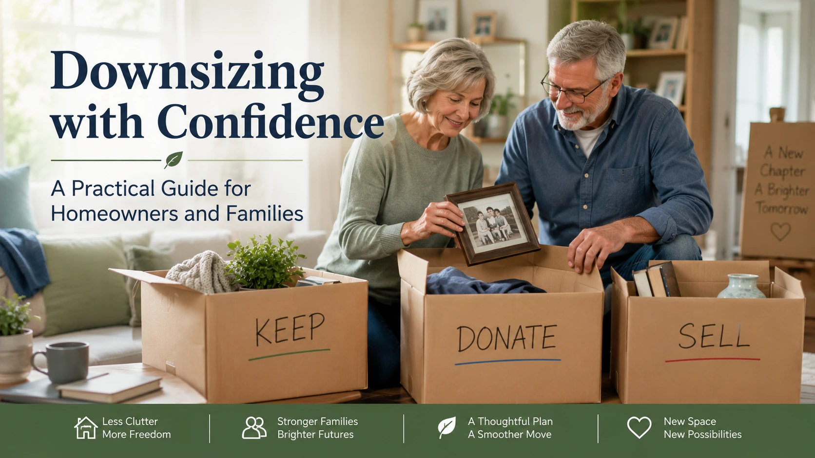 Feature image showing a senior couple happily downsizing their home by sorting cherished belongings into keep, donate, and sell boxes, representing a thoughtful transition to a smaller home.