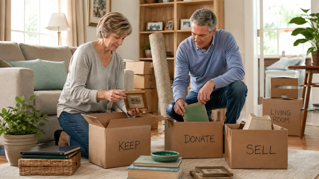 Older couple thoughtfully sorting household belongings into keep, donate, and sell boxes while preparing to downsize into a smaller home.