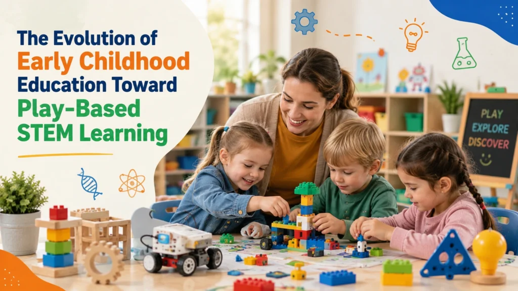 Teacher helping preschool children explore play-based STEM learning through building blocks, robotics, and hands-on educational activities in a modern early childhood classroom.