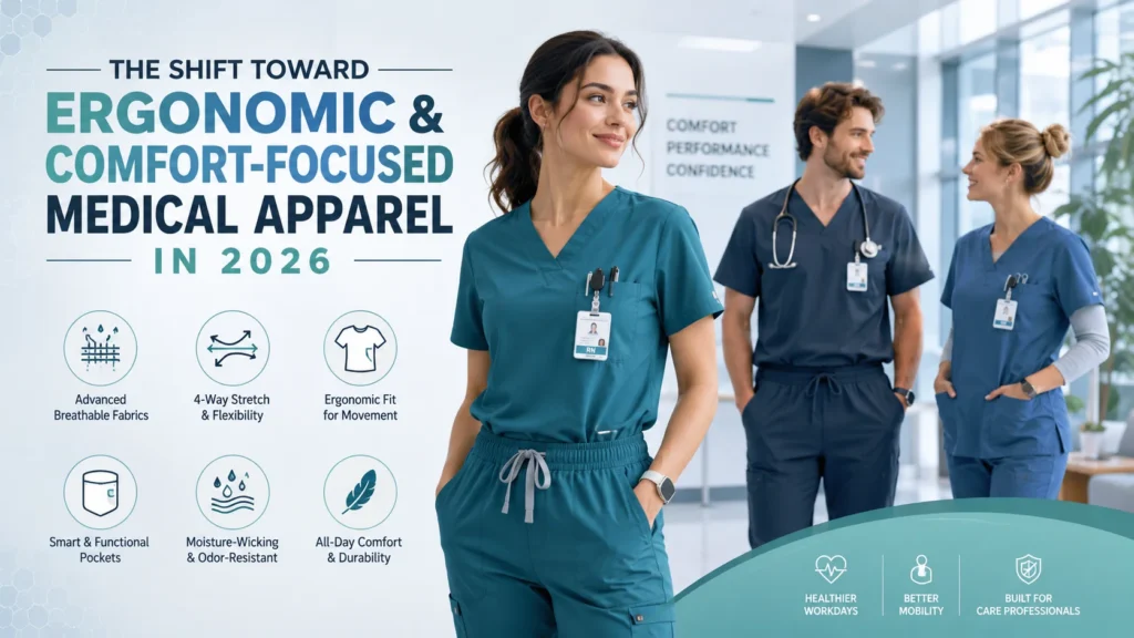Healthcare professionals wearing modern ergonomic medical scrubs in a hospital, highlighting the shift toward comfort-focused medical apparel and advanced healthcare uniforms in 2026.