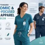 Healthcare professionals wearing modern ergonomic medical scrubs in a hospital, highlighting the shift toward comfort-focused medical apparel and advanced healthcare uniforms in 2026.