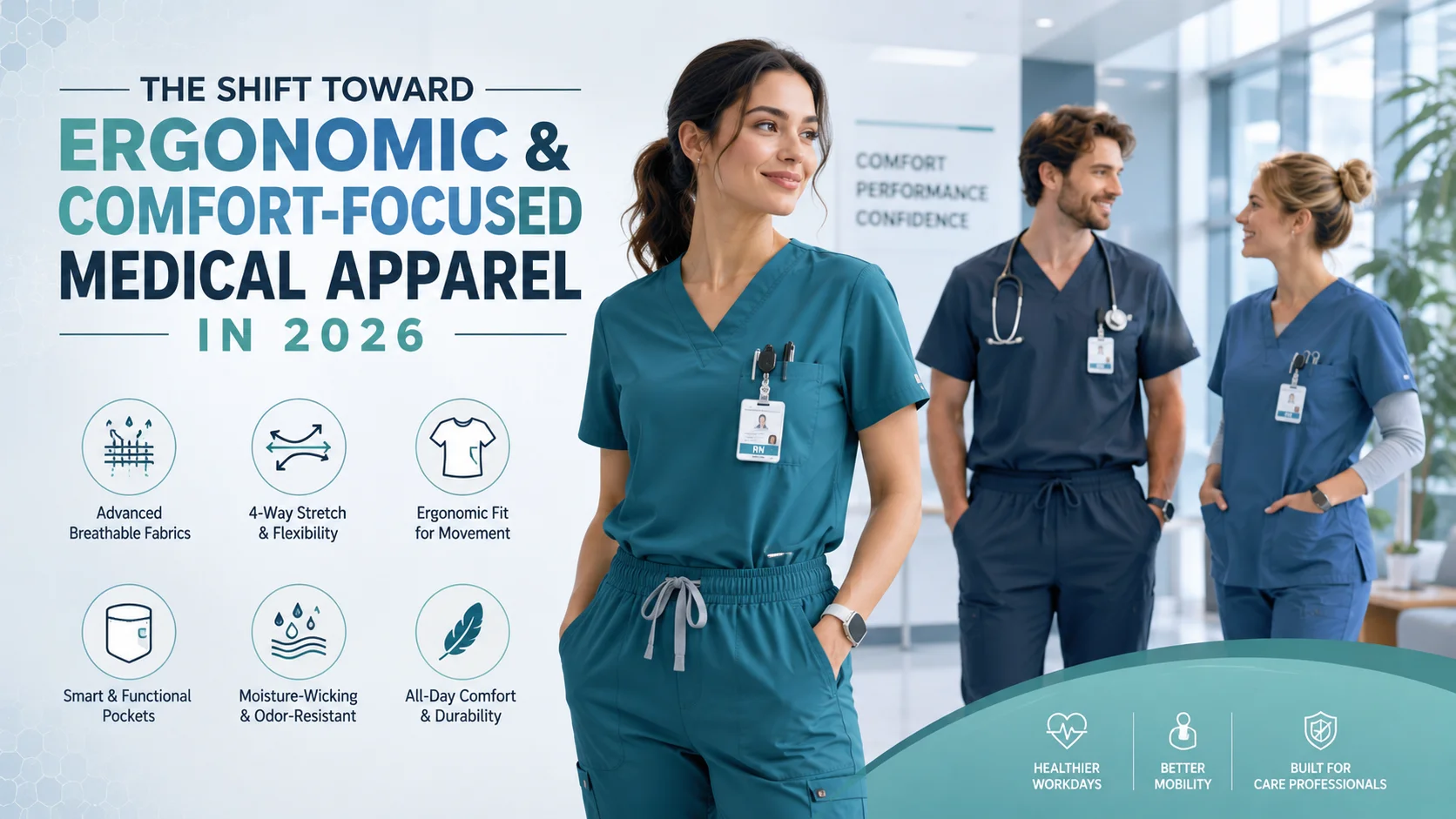 Healthcare professionals wearing modern ergonomic medical scrubs in a hospital, highlighting the shift toward comfort-focused medical apparel and advanced healthcare uniforms in 2026.