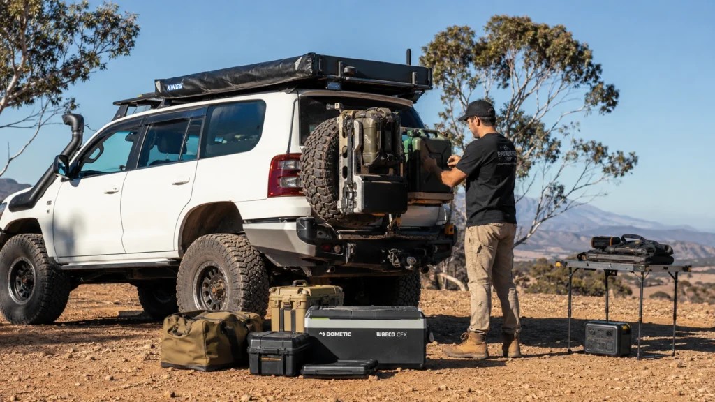 White 4x4 vehicle equipped for safe off-grid travel with roof rack, spare tire, jerry cans, recovery gear and camping equipment in the Australian outback