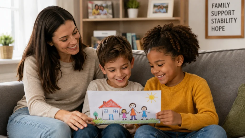 Smiling foster parent and two children at home, illustrating the family support and stability found in established foster care systems.