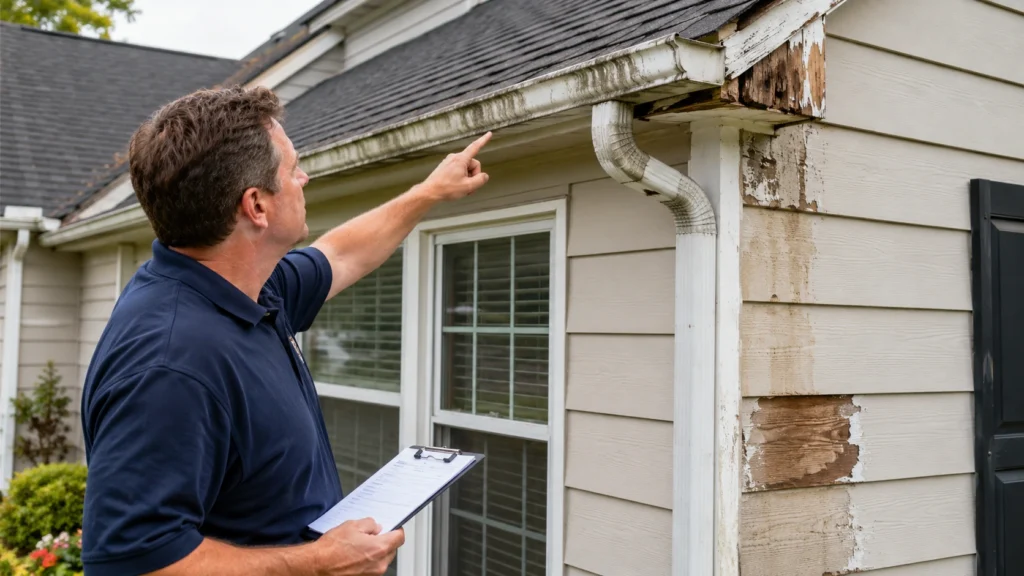 Home inspector checking roof, gutters, fascia, and exterior signs of potential water damage