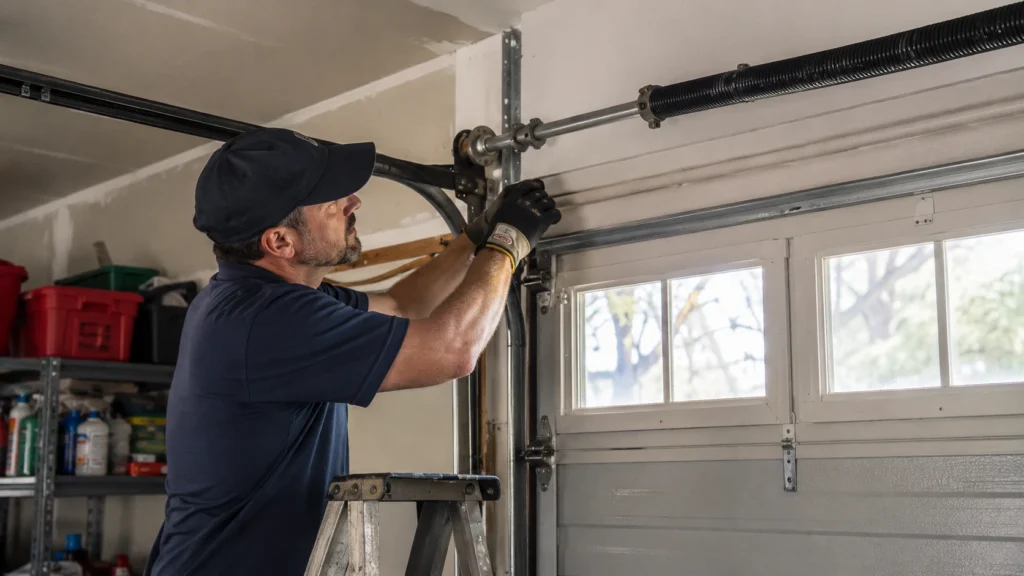 Homeowner performing garage door maintenance on the torsion spring and hardware