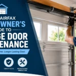 Fairfax homeowner’s guide to garage door maintenance with a homeowner inspecting garage door hardware