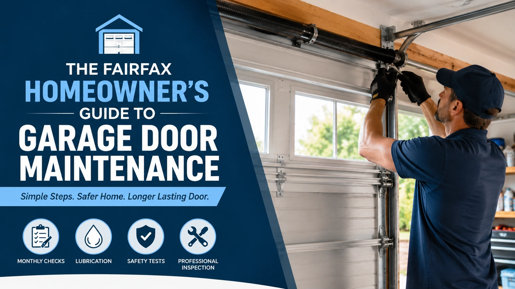 Fairfax homeowner’s guide to garage door maintenance with a homeowner inspecting garage door hardware