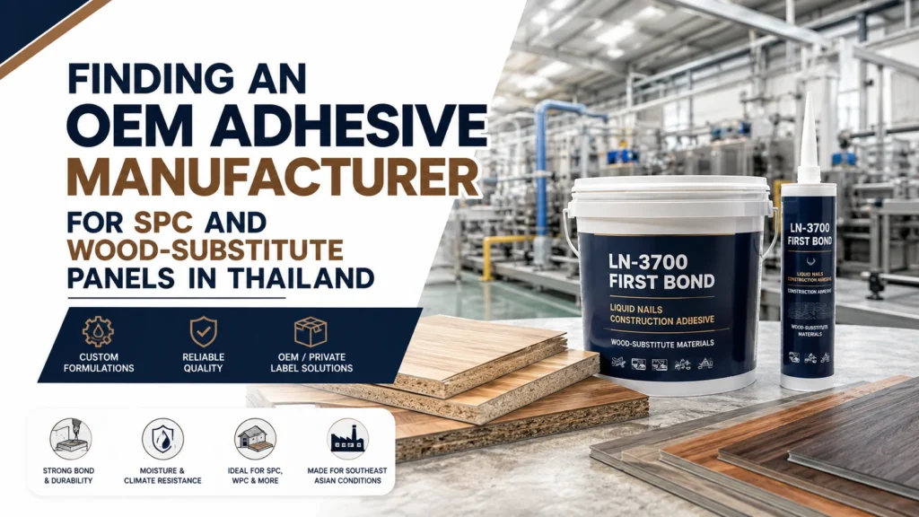 OEM adhesive manufacturing for SPC and wood-substitute panels in Thailand featuring industrial adhesive products and flooring panel materials in a modern production facility.