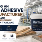OEM adhesive manufacturing for SPC and wood-substitute panels in Thailand featuring industrial adhesive products and flooring panel materials in a modern production facility.